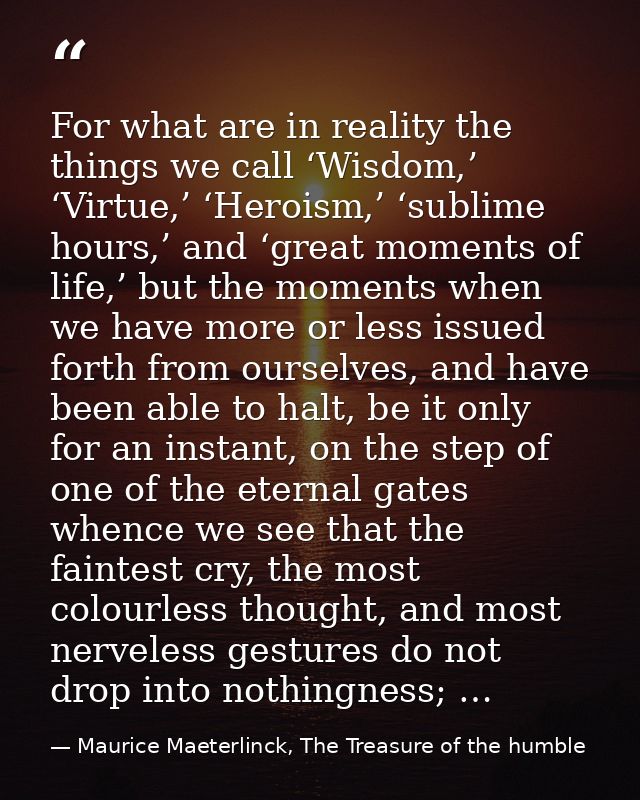 For what are in reality the things we call ‘Wisdom,’ ‘Virtue,’ ‘Heroism,’ ‘sublime hours,’ and ‘great moments of life,’  — Maurice Maeterlinck, The Treasure of the humble