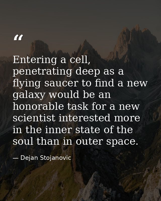 Entering a cell, penetrating deep as a flying saucer to find a new galaxy would be an honorable task for a new scientist — Dejan Stojanovic