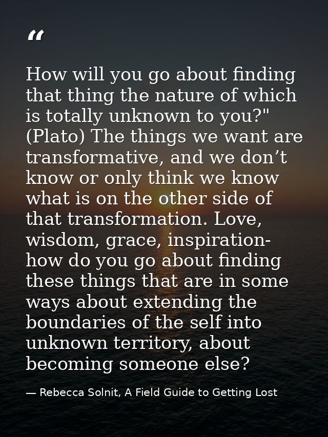 How will you go about finding that thing the nature of which is totally unknown to you?" (Plato) The things we want are  — Rebecca Solnit, A Field Guide to Getting Lost