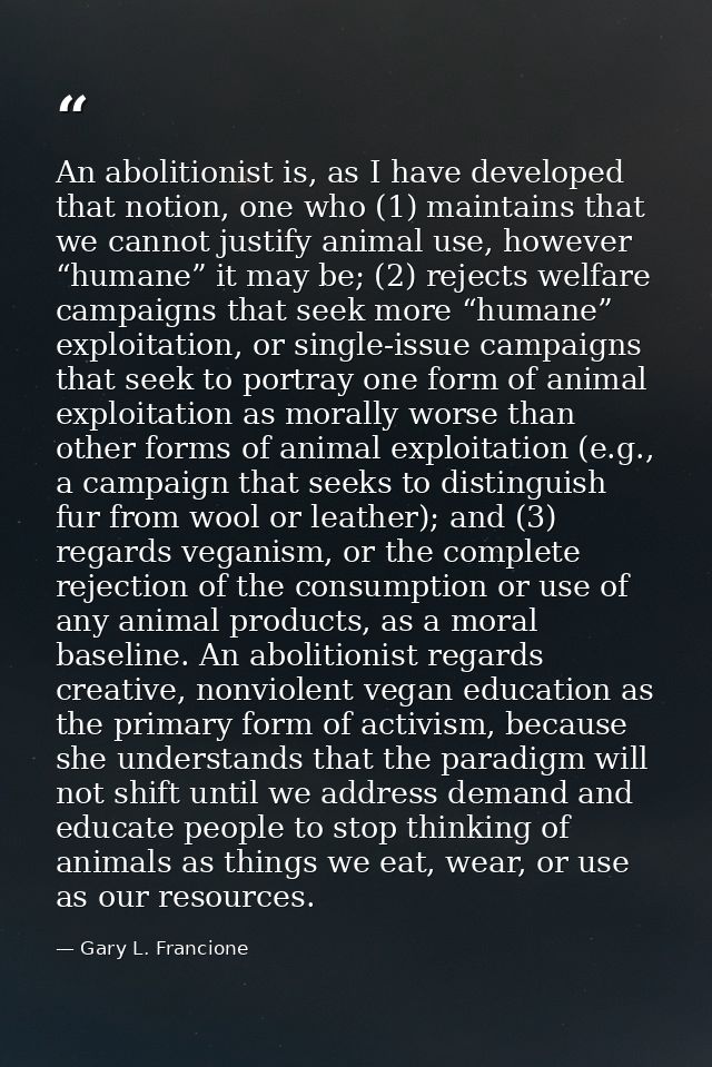 An abolitionist is, as I have developed that notion, one who (1) maintains that we cannot justify animal use, however “h — Gary L. Francione