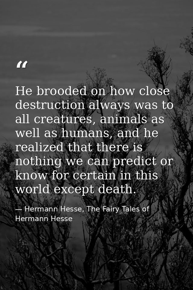 He brooded on how close destruction always was to all creatures, animals as well as humans, and he realized that there i — Hermann Hesse, The Fairy Tales of Hermann Hesse