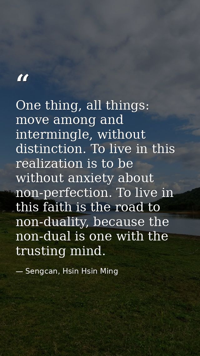 One thing, all things: move among and intermingle, without distinction. To live in this realization is to be without anx — Sengcan, Hsin Hsin Ming