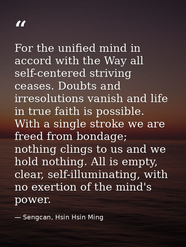For the unified mind in accord with the Way all self-centered striving ceases. Doubts and irresolutions vanish and life  — Sengcan, Hsin Hsin Ming
