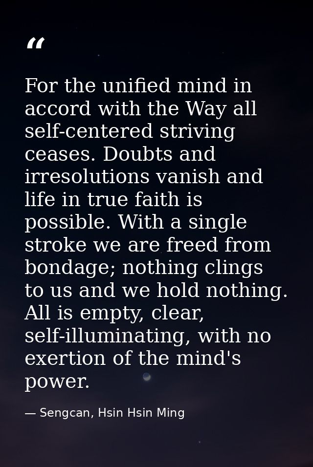 For the unified mind in accord with the Way all self-centered striving ceases. Doubts and irresolutions vanish and life  — Sengcan, Hsin Hsin Ming
