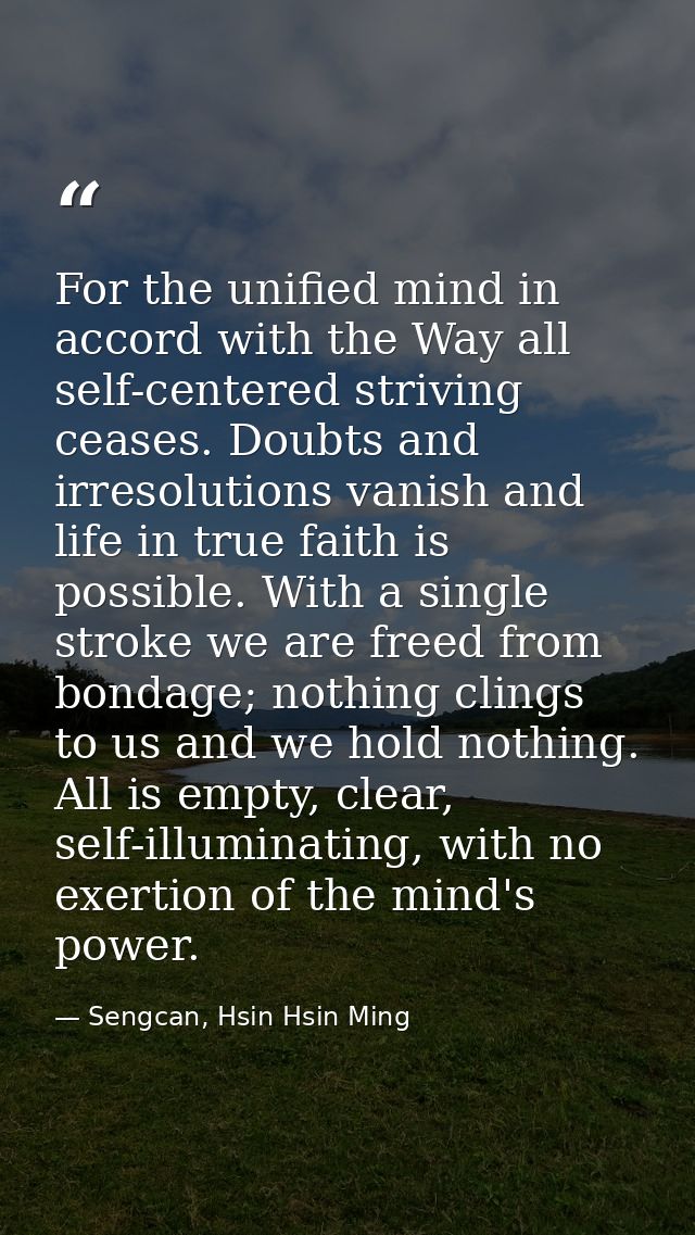 For the unified mind in accord with the Way all self-centered striving ceases. Doubts and irresolutions vanish and life  — Sengcan, Hsin Hsin Ming