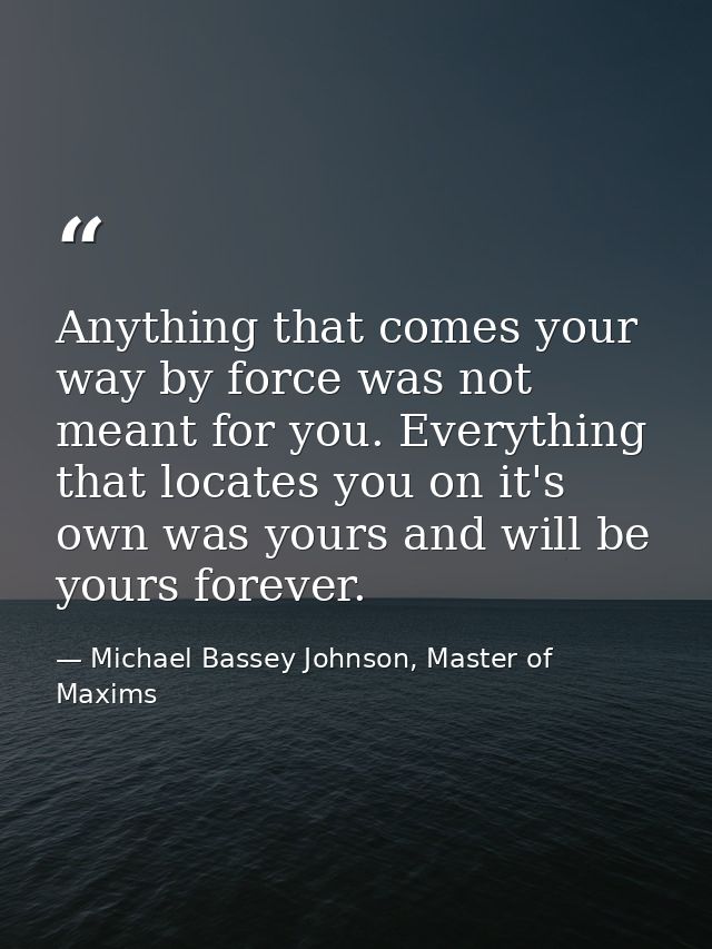Anything that comes your way by force was not meant for you. Everything that locates you on it's own was yours and will  — Michael Bassey Johnson, Master of Maxims