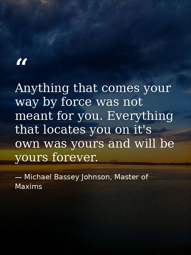 Anything that comes your way by force was not meant for you. Everything that locates you on it's own was yours and will  — Michael Bassey Johnson, Master of Maxims