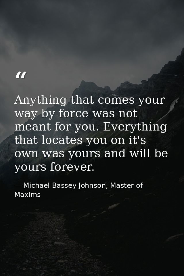 Anything that comes your way by force was not meant for you. Everything that locates you on it's own was yours and will  — Michael Bassey Johnson, Master of Maxims