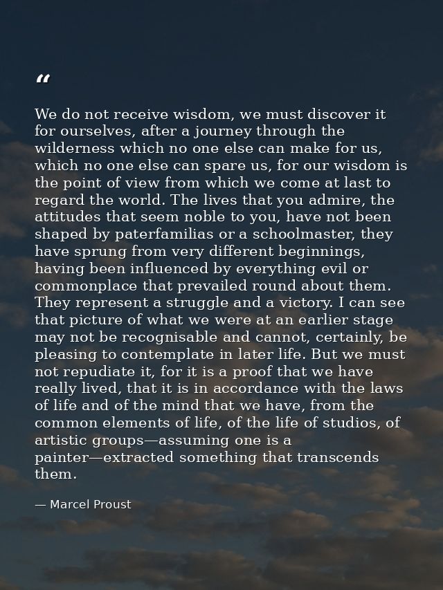 We do not receive wisdom, we must discover it for ourselves, after a journey through the wilderness which no one else ca — Marcel Proust