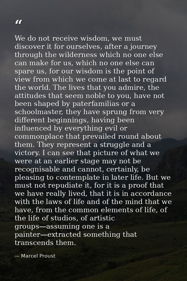 We do not receive wisdom, we must discover it for ourselves, after a journey through the wilderness which no one else ca — Marcel Proust