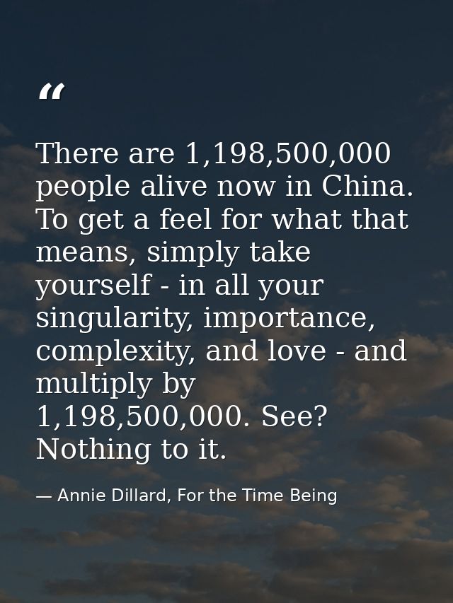 There are 1,198,500,000 people alive now in China. To get a feel for what that means, simply take yourself - in all your — Annie Dillard, For the Time Being