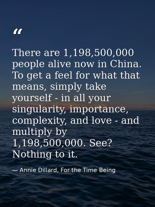 There are 1,198,500,000 people alive now in China. To get a feel for what that means, simply take yourself - in all your — Annie Dillard, For the Time Being