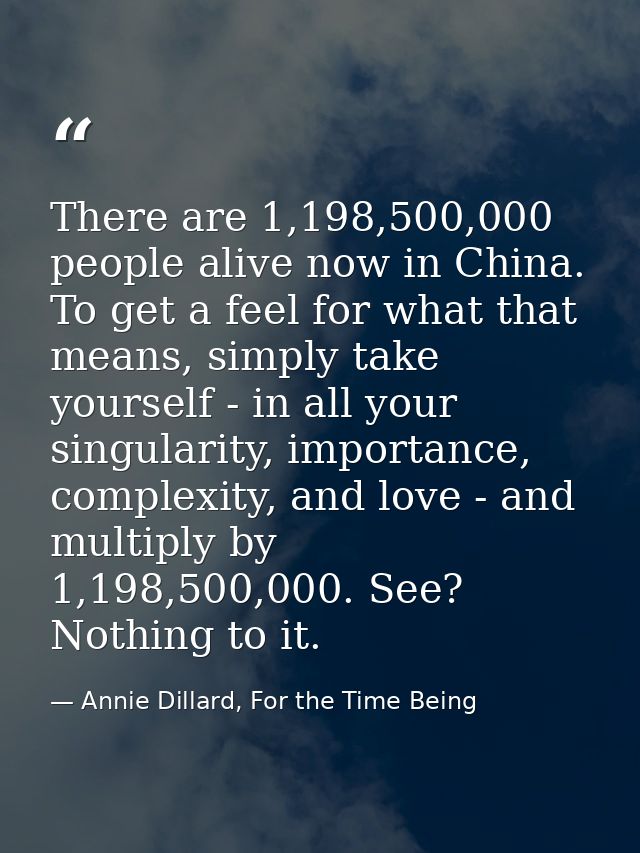 There are 1,198,500,000 people alive now in China. To get a feel for what that means, simply take yourself - in all your — Annie Dillard, For the Time Being