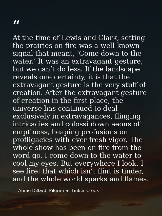 At the time of Lewis and Clark, setting the prairies on fire was a well-known signal that meant, ‘Come down to the water — Annie Dillard, Pilgrim at Tinker Creek