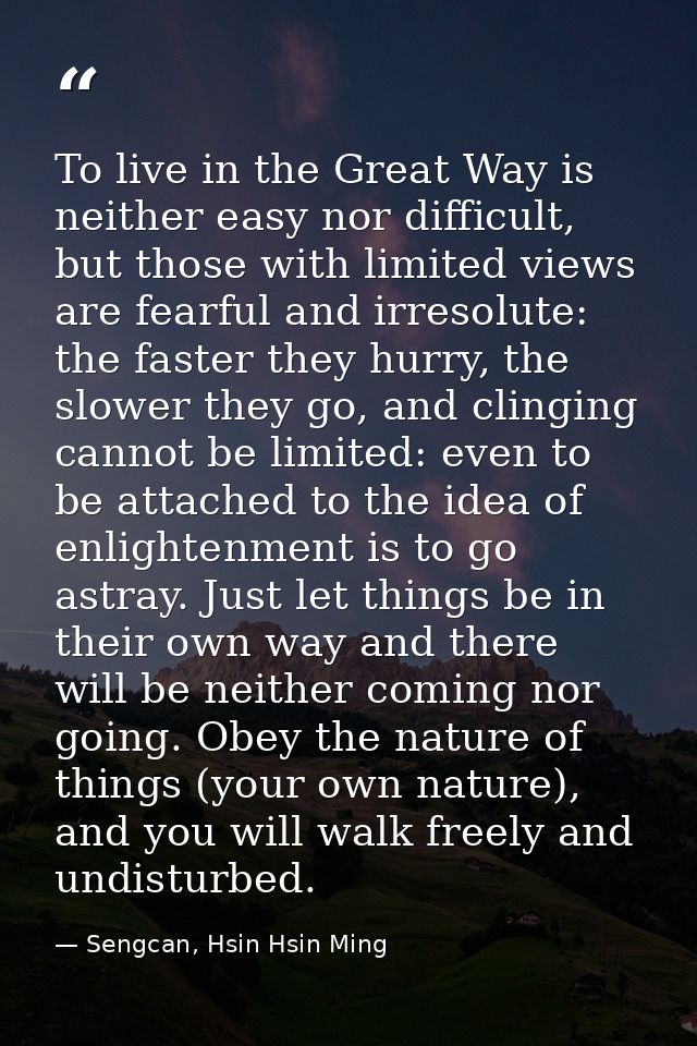 To live in the Great Way is neither easy nor difficult, but those with limited views are fearful and irresolute: the fas — Sengcan, Hsin Hsin Ming