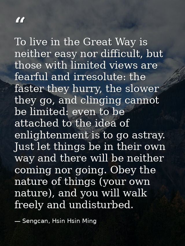 To live in the Great Way is neither easy nor difficult, but those with limited views are fearful and irresolute: the fas — Sengcan, Hsin Hsin Ming