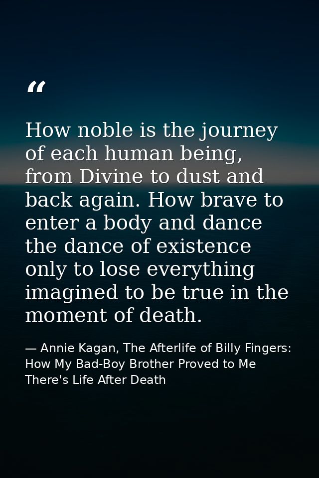 How noble is the journey of each human being, from Divine to dust and back again. How brave to enter a body and dance th — Annie Kagan, The Afterlife of Billy Fingers: How My Bad-Boy Brother Proved to Me There's Life After Death