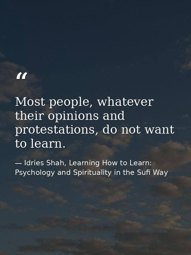 Most people, whatever their opinions and protestations, do not want to learn. — Idries Shah, Learning How to Learn: Psychology and Spirituality in the Sufi Way