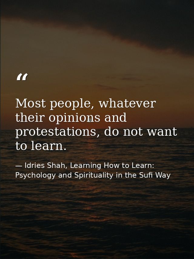 Most people, whatever their opinions and protestations, do not want to learn. — Idries Shah, Learning How to Learn: Psychology and Spirituality in the Sufi Way