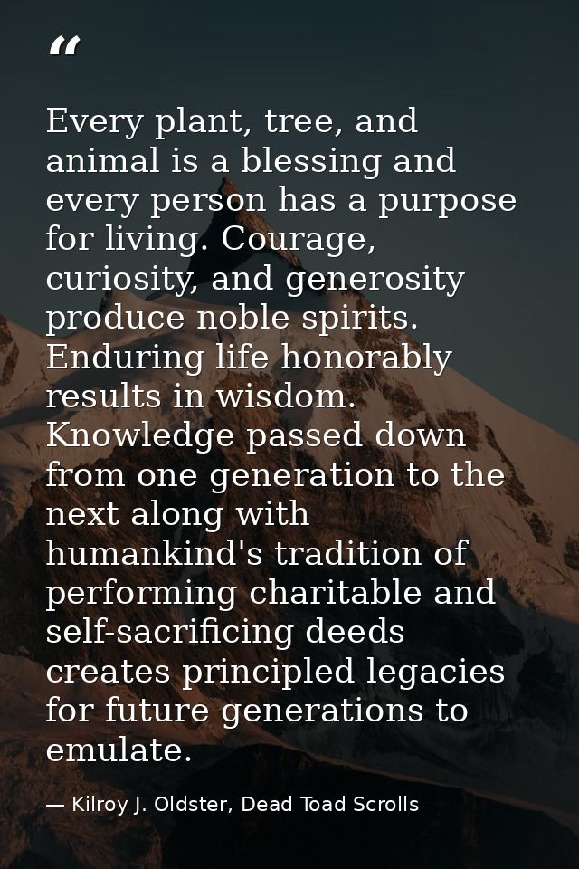 Every plant, tree, and animal is a blessing and every person has a purpose for living. Courage, curiosity, and generosit — Kilroy J. Oldster, Dead Toad Scrolls