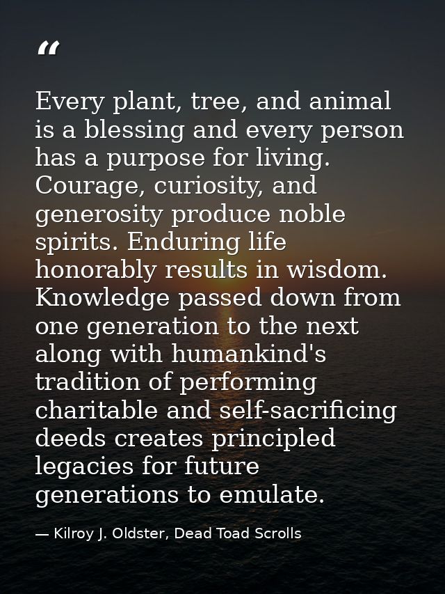 Every plant, tree, and animal is a blessing and every person has a purpose for living. Courage, curiosity, and generosit — Kilroy J. Oldster, Dead Toad Scrolls