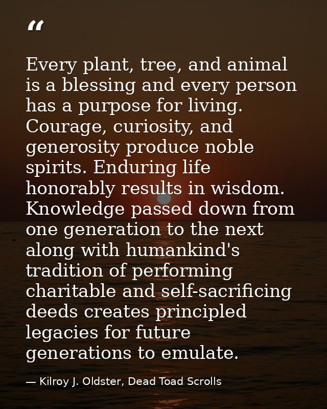 Every plant, tree, and animal is a blessing and every person has a purpose for living. Courage, curiosity, and generosit — Kilroy J. Oldster, Dead Toad Scrolls