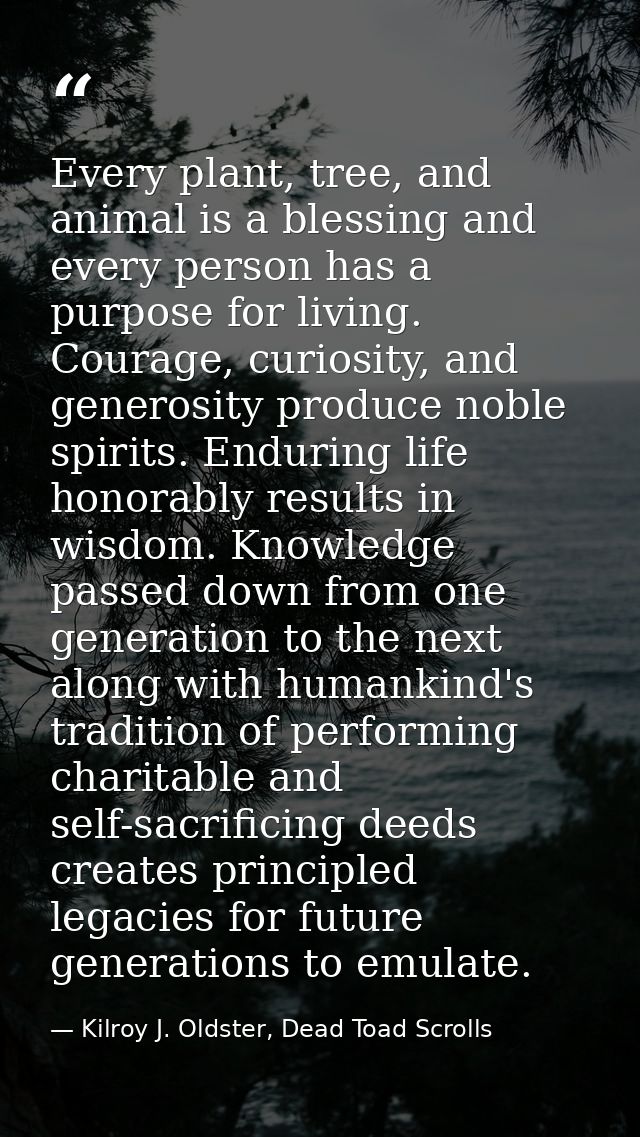 Every plant, tree, and animal is a blessing and every person has a purpose for living. Courage, curiosity, and generosit — Kilroy J. Oldster, Dead Toad Scrolls