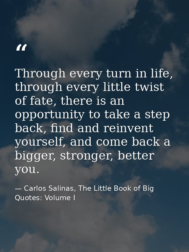 Through every turn in life, through every little twist of fate, there is an opportunity to take a step back, find and re — Carlos Salinas, The Little Book of Big Quotes: Volume I