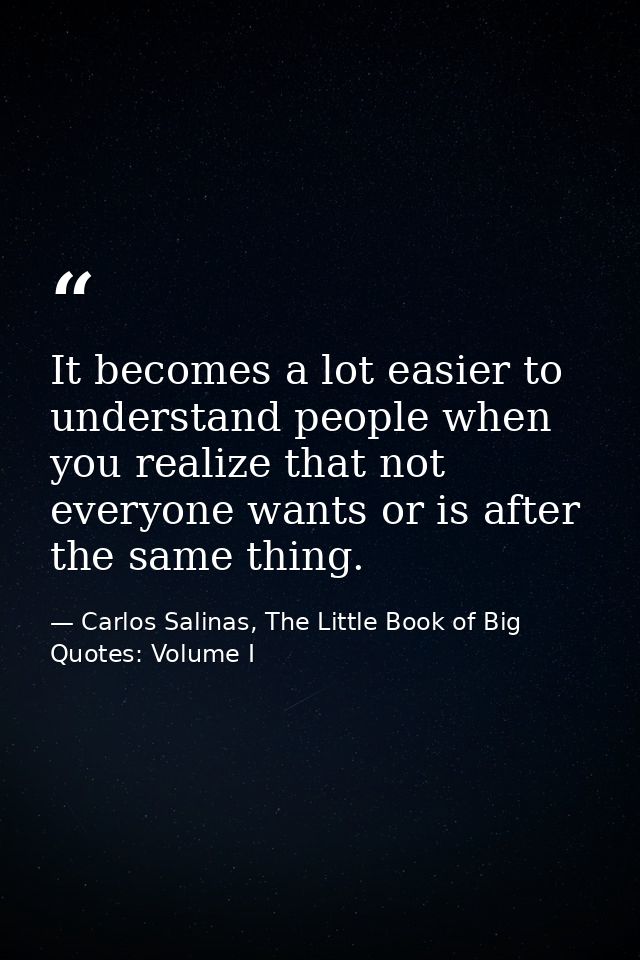 It becomes a lot easier to understand people when you realize that not everyone wants or is after the same thing. — Carlos Salinas, The Little Book of Big Quotes: Volume I