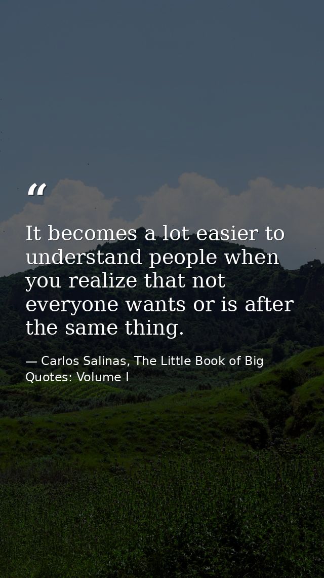 It becomes a lot easier to understand people when you realize that not everyone wants or is after the same thing. — Carlos Salinas, The Little Book of Big Quotes: Volume I