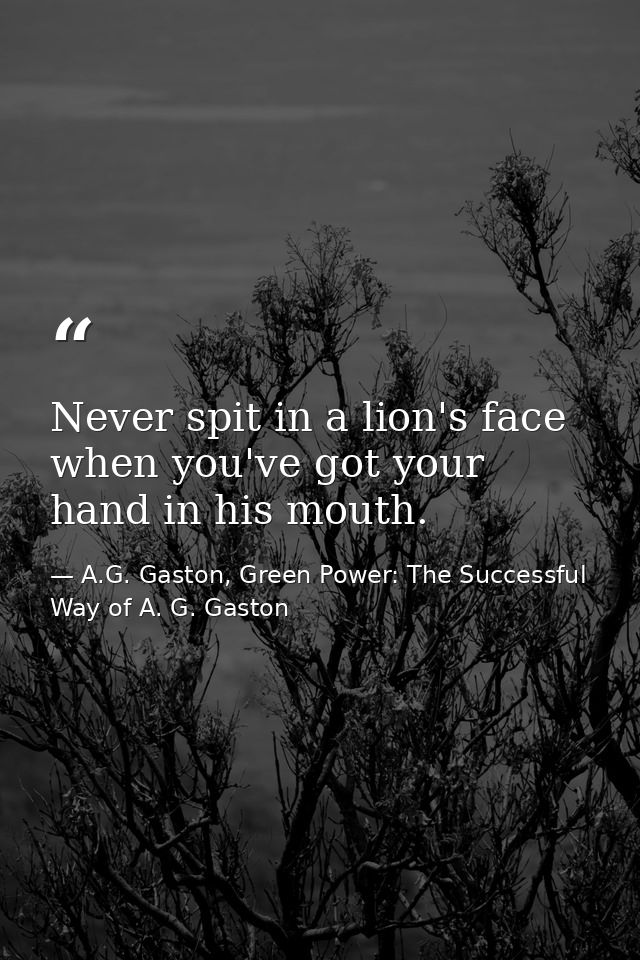 Never spit in a lion's face when you've got your hand in his mouth. — A.G. Gaston, Green Power: The Successful Way of A. G. Gaston