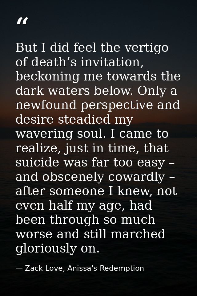 But I did feel the vertigo of death’s invitation, beckoning me towards the dark waters below. Only a newfound perspectiv — Zack Love, Anissa's Redemption