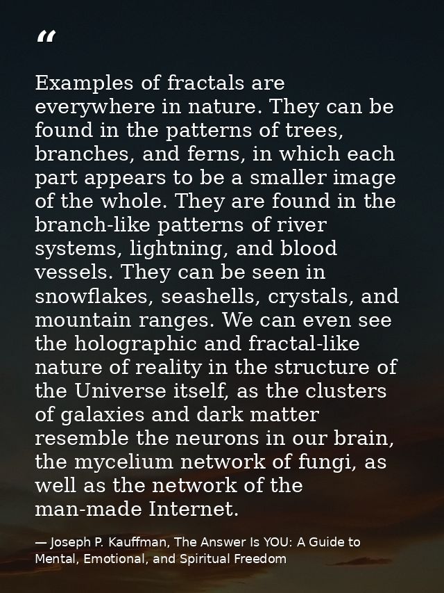 Examples of fractals are everywhere in nature. They can be found in the patterns of trees, branches, and ferns, in which — Joseph P. Kauffman, The Answer Is YOU: A Guide to Mental, Emotional, and Spiritual Freedom