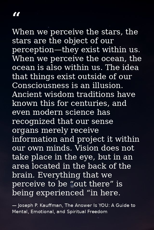 When we perceive the stars, the stars are the object of our perception—they exist within us. When we perceive the ocean, — Joseph P. Kauffman, The Answer Is YOU: A Guide to Mental, Emotional, and Spiritual Freedom