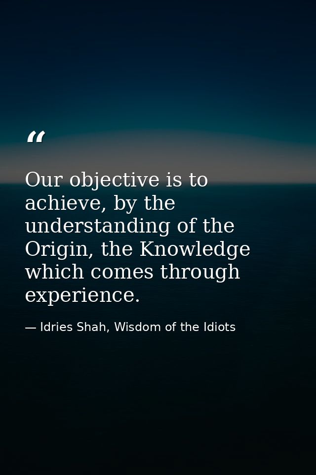 Our objective is to achieve, by the understanding of the Origin, the Knowledge which comes through experience. — Idries Shah, Wisdom of the Idiots
