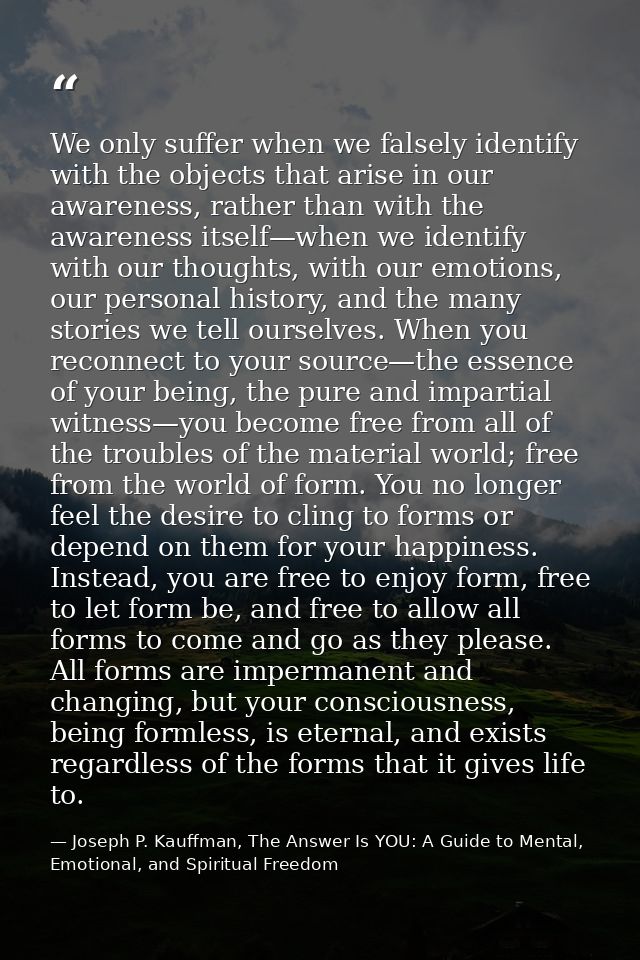 We only suffer when we falsely identify with the objects that arise in our awareness, rather than with the awareness its — Joseph P. Kauffman, The Answer Is YOU: A Guide to Mental, Emotional, and Spiritual Freedom