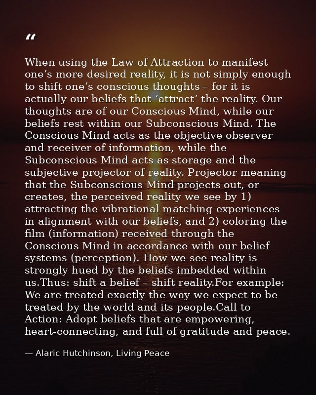 When using the Law of Attraction to manifest one’s more desired reality, it is not simply enough to shift one’s consciou — Alaric Hutchinson, Living Peace