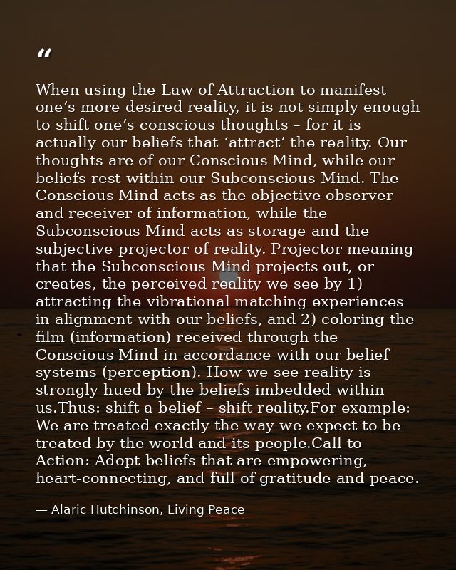 When using the Law of Attraction to manifest one’s more desired reality, it is not simply enough to shift one’s consciou — Alaric Hutchinson, Living Peace