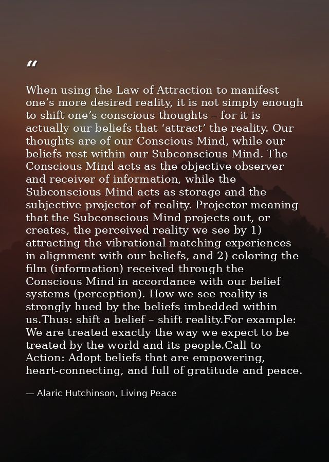 When using the Law of Attraction to manifest one’s more desired reality, it is not simply enough to shift one’s consciou — Alaric Hutchinson, Living Peace