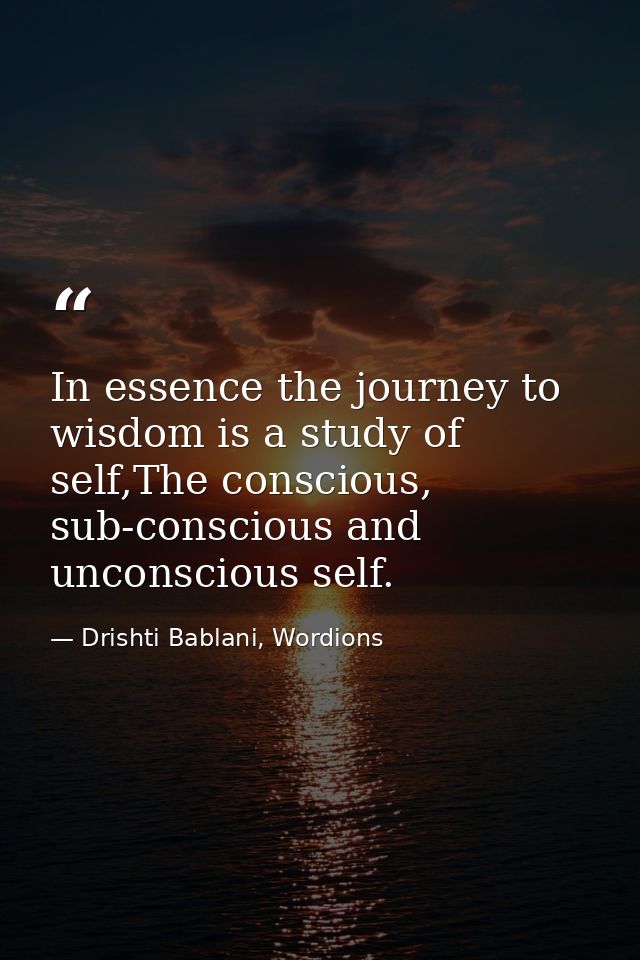 In essence the journey to wisdom is a study of self,The conscious, sub-conscious and unconscious self. — Drishti Bablani, Wordions