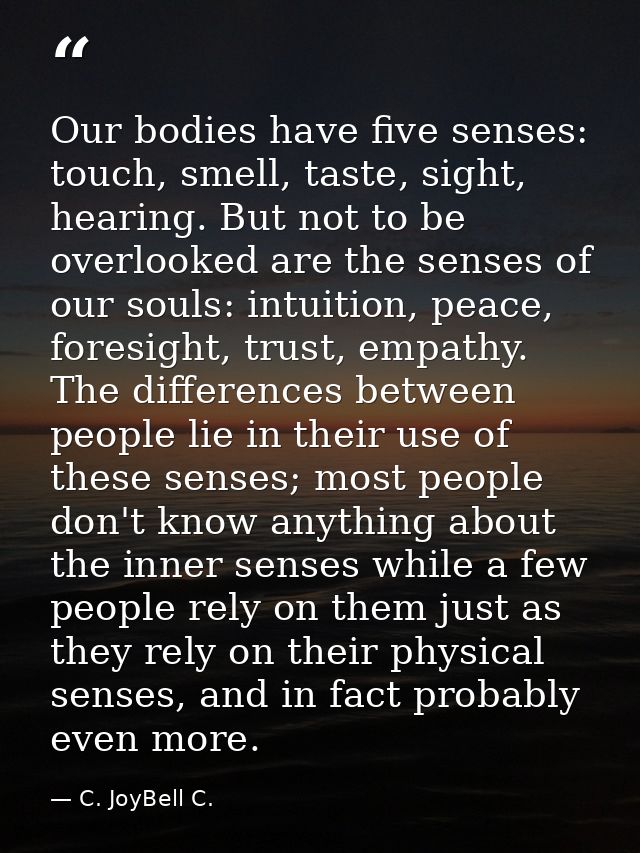 Our bodies have five senses: touch, smell, taste, sight, hearing. But not to be overlooked are the senses of our souls:  — C. JoyBell C.