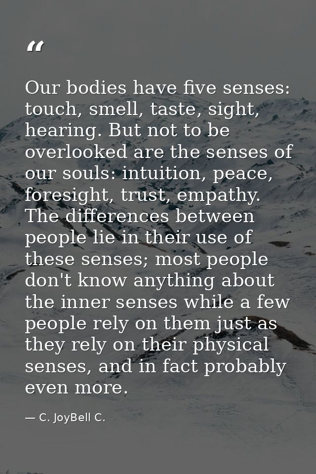 Our bodies have five senses: touch, smell, taste, sight, hearing. But not to be overlooked are the senses of our souls:  — C. JoyBell C.