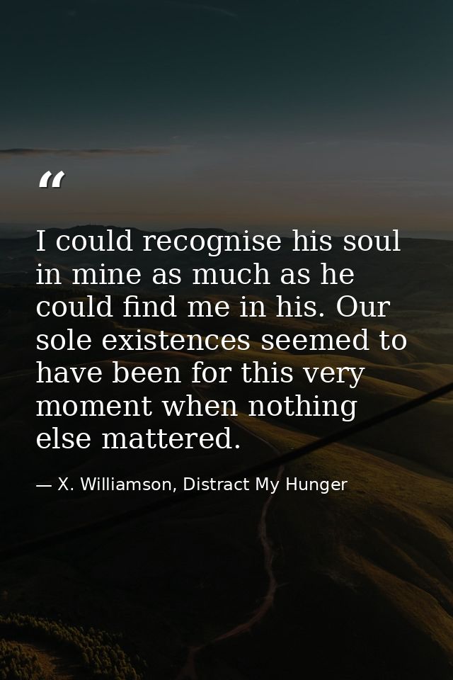 I could recognise his soul in mine as much as he could find me in his. Our sole existences seemed to have been for this  — X. Williamson, Distract My Hunger