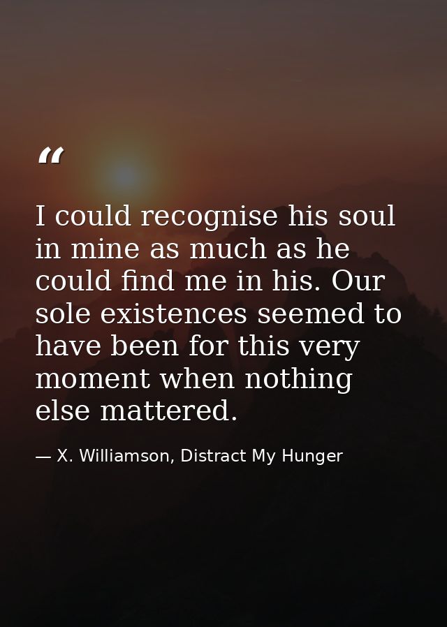 I could recognise his soul in mine as much as he could find me in his. Our sole existences seemed to have been for this  — X. Williamson, Distract My Hunger