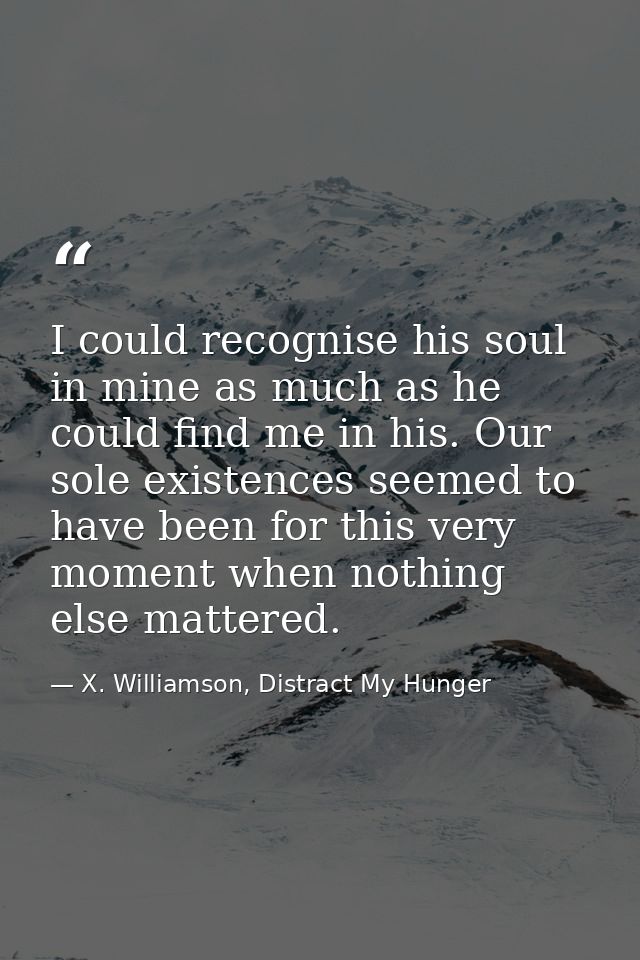 I could recognise his soul in mine as much as he could find me in his. Our sole existences seemed to have been for this  — X. Williamson, Distract My Hunger