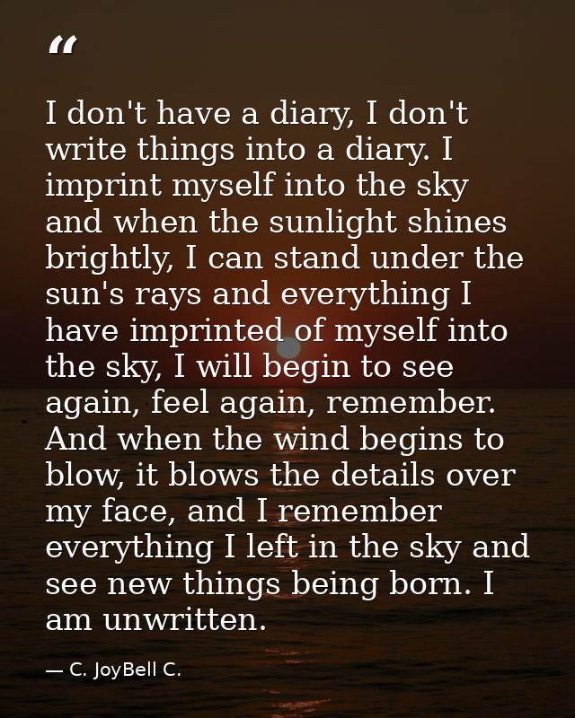I don't have a diary, I don't write things into a diary. I imprint myself into the sky and when the sunlight shines brig — C. JoyBell C.