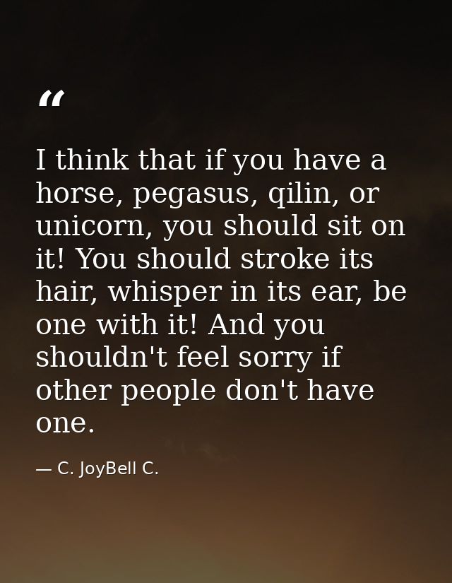 I think that if you have a horse, pegasus, qilin, or unicorn, you should sit on it! You should stroke its hair, whisper  — C. JoyBell C.