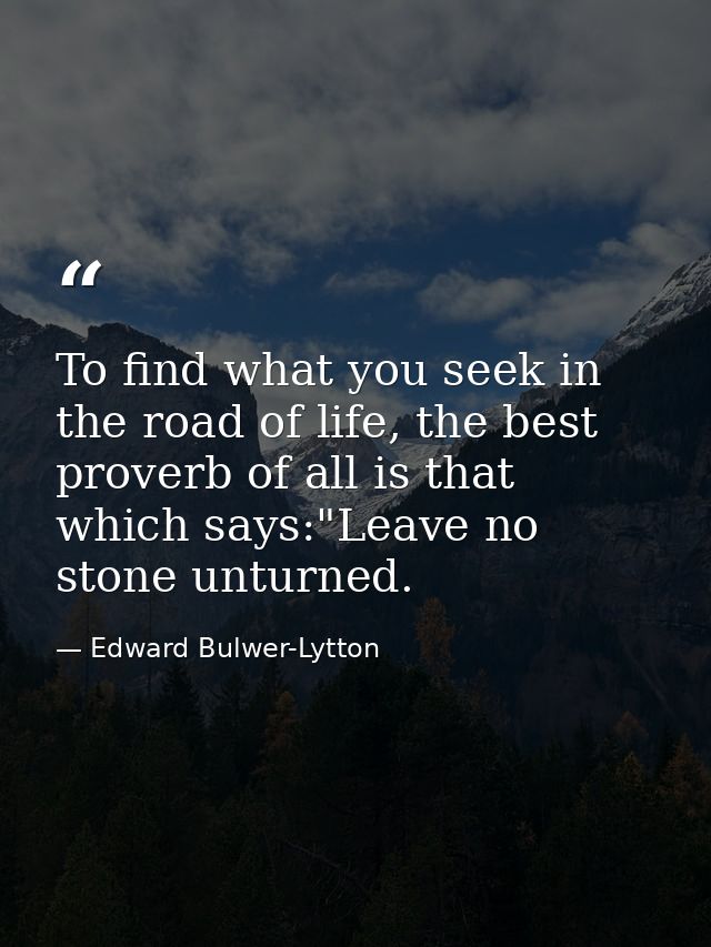 To find what you seek in the road of life, the best proverb of all is that which says:"Leave no stone unturned. — Edward Bulwer-Lytton