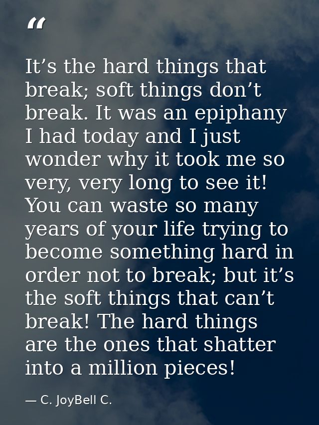 It’s the hard things that break; soft things don’t break. It was an epiphany I had today and I just wonder why it took m — C. JoyBell C.