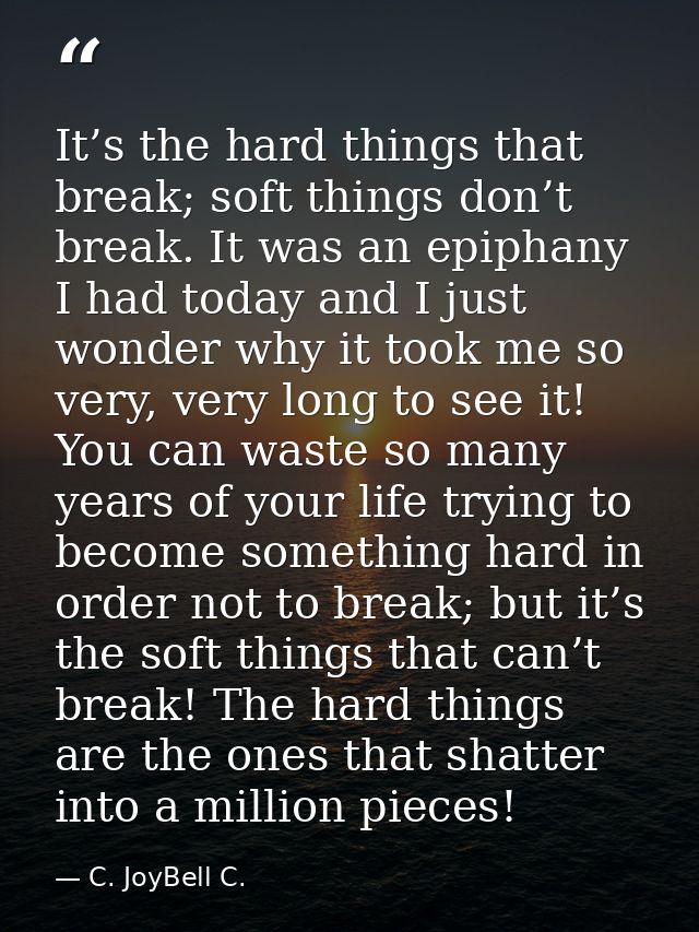 It’s the hard things that break; soft things don’t break. It was an epiphany I had today and I just wonder why it took m — C. JoyBell C.